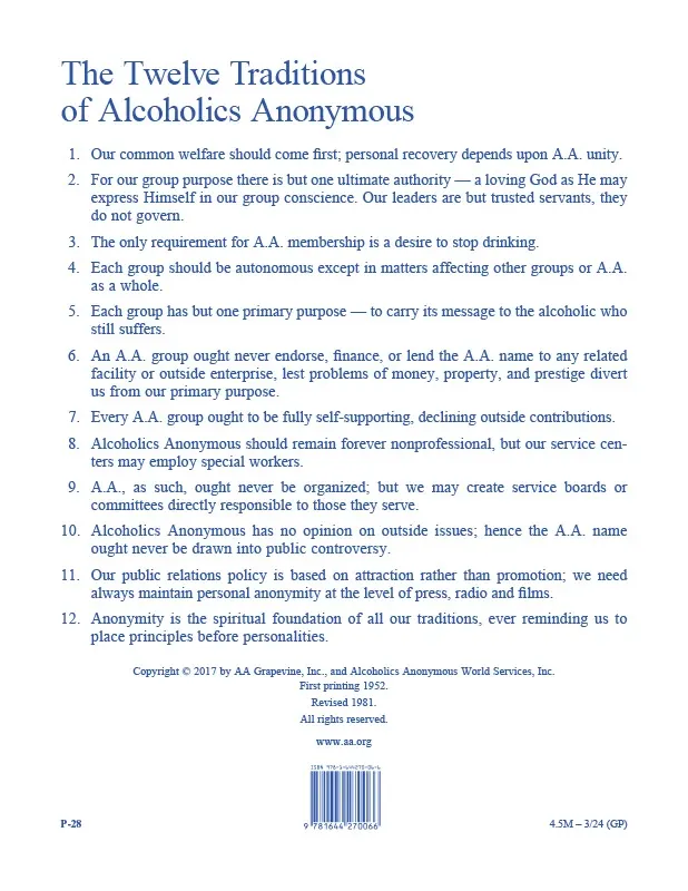 Twelve Traditions of A.A. (Single sheet)